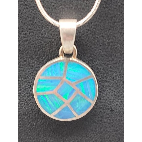 Sterling Silver Inlaid Blue Opal Pendant Necklace 16" Chain Signed ind0925 - Picture 3 of 16